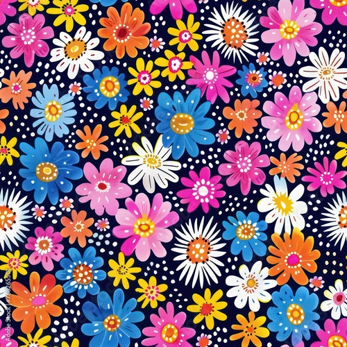 Seamless preppy multicolored flowers pattern background