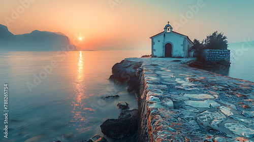A serene Greek chapel by the sea at sunrise, offering tranquility and picturesque views, embodying the essence of Mediterranean charm and peaceful coastal living
