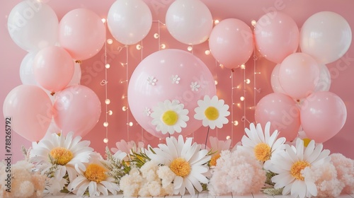 Kids birthday. Children s birthday decorations. Lots of pink balloons and decorations 