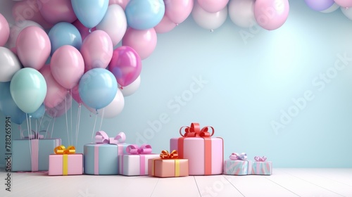 Happy birthday concept with colorful gift boxes and balloons
