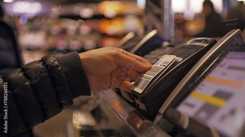 Barcode being scanned at checkout, tight focus, beep sound, transaction completion, retail detail photo