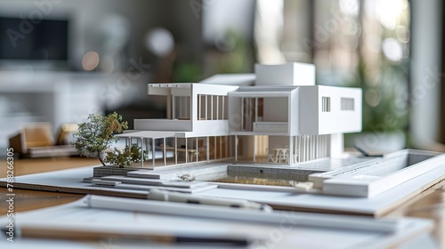 Model home on architect's desk, tight shot, project planning, miniature precision, property development  photo