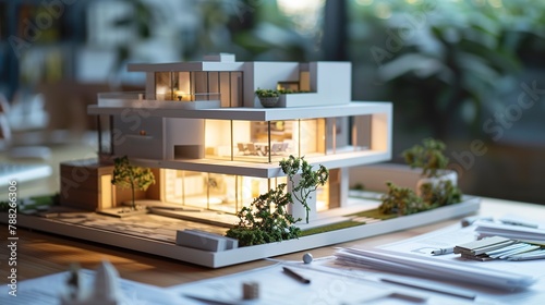 Model home on architect's desk, tight shot, project planning, miniature precision, property development