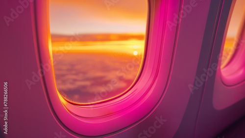 Airplane window view at sunset