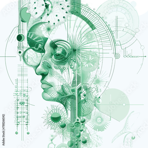 Fractal and scientific line art design in various shades of green 