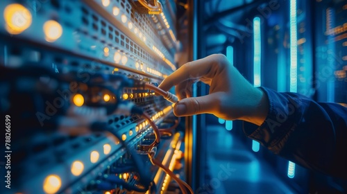 Technician hand patching network cables in server room, macro shot, connectivity, infrastructure maintenance 