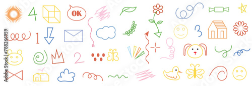 Cute kid scribble line flower, heart. rainbow , tree,  leaf, background. Hand drawn doodle sketch childish element set. Children draw style design elements background. Vector illustration EPS 10