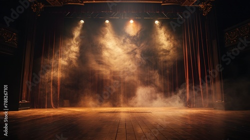 Stage lights against dark backdrop, detailed close-up, drama unfolding, theatrical ambiance  photo