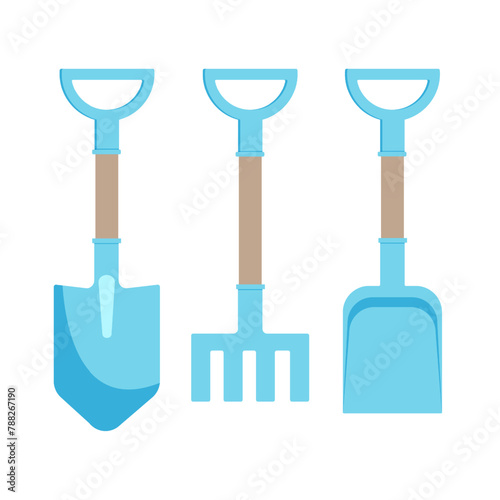 Children's toys for the sandbox. Shovel, scoop and rake for playing on the beach. Vector illustration in blue color isolated on white background
