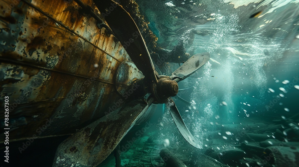 Ship propeller underwater, tight shot, engineering marvel, propulsion power, beneath the waves