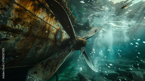 Ship propeller underwater, tight shot, engineering marvel, propulsion power, beneath the waves photo