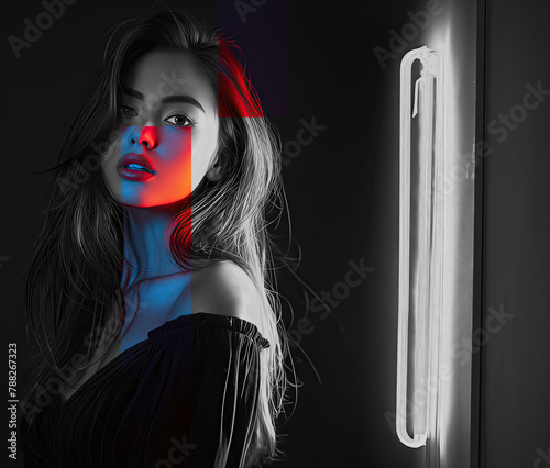 Portrait of a model in neon light on a dark studio background. A beautiful brunette with fashionable makeup and well-groomed skin. Bright style, beauty concept. photo