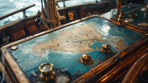 Navigation map on ship's bridge, detailed view, plotting course, adventure at sea, explorer's tool 