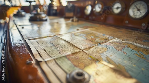 Navigation map on ship's bridge, detailed view, plotting course, adventure at sea, explorer's tool
