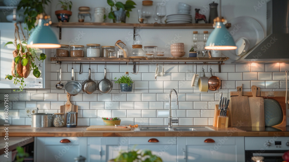 A cozy kitchen with white cabinets, a farmhouse sink, and open shelving. There are plants, pots, pans, and other kitchenware on the shelves. The countertops are made of wood and there is a large windo