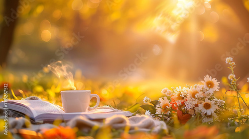 A cup of coffee and a book in the morning sun.