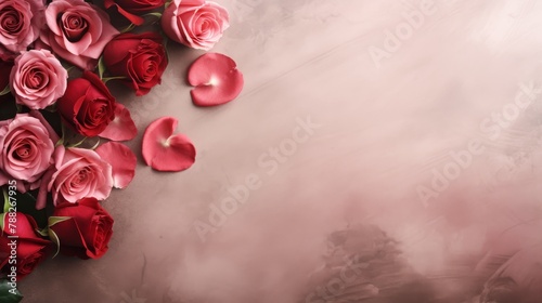 Romantic roses and petals on card. Love and romance concept. 