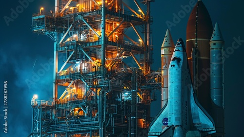 Space shuttle launch pad at night, detailed close view, countdown to exploration, human endeavor  photo
