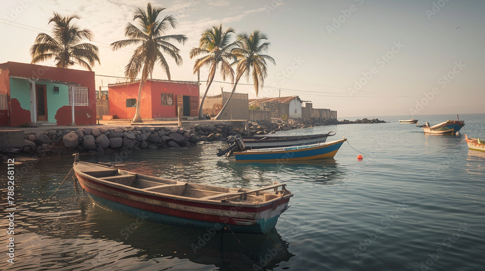 Fishing boats docked in a small harbor with palm trees on the shore.