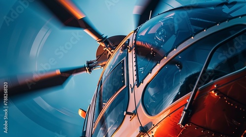 Helicopter rotor blades spinning, close-up, dynamic lift, air mobility, engineering in motion  photo