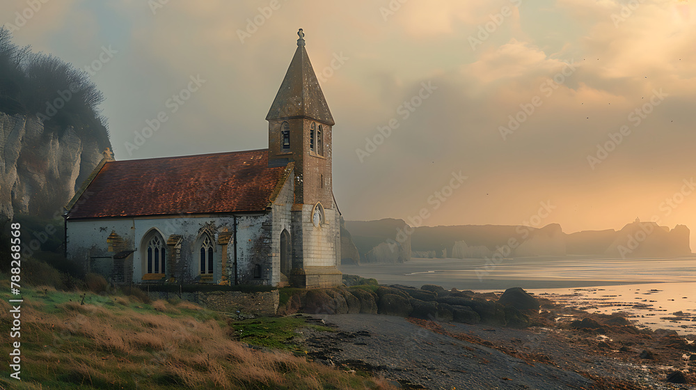 English church on coastal foggy morning, kissed by first sunrays