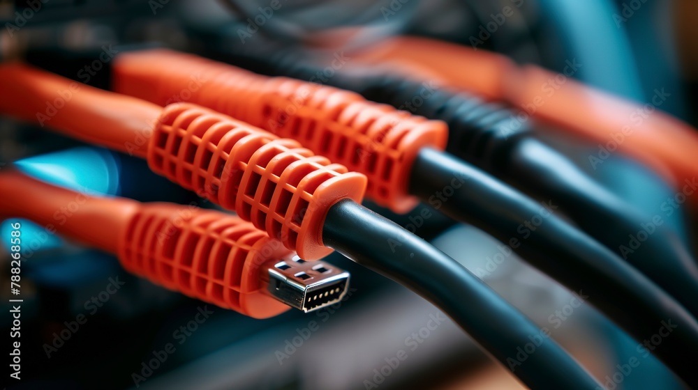 Ethernet cables plugged into a switch, macro view, connectivity web, network setup, IT lifeline Ethernet cables plugged into a switch, macro view, connectivity web, network setup, IT lifeline