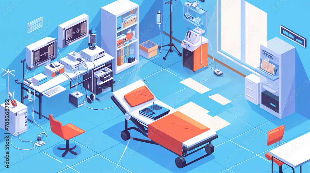 Hospital Room With Bed, Desk, and Medical Equipment. View From Above. Ideal for Commercial illustration, Banner, Social Media