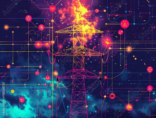 Design a technicolor poster featuring a high voltage pole surrounded by electrical hazard symbols, with bright colors and bold lines to draw attention to the importance of safety precautions 8K , high