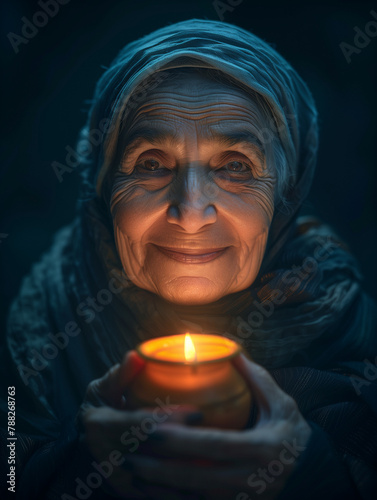 Old woman from the Middle East, smiling at something in her memory while holding a candle which is reflecting in her face. Image bringing hope.