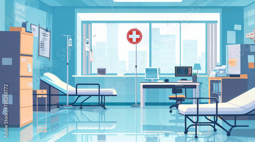 Hospital Room With Bed, Chairs, and Desk. Flat Illustration in Blue Tones. Ideal for Commercial illustration, Banner, Social Media