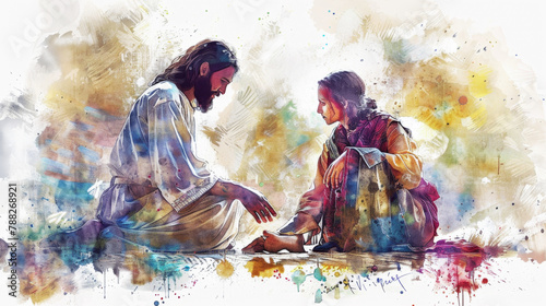 Jesus and the woman who anointed his feet depicted in a digital watercolor painting on a white background. © Graphic Dude