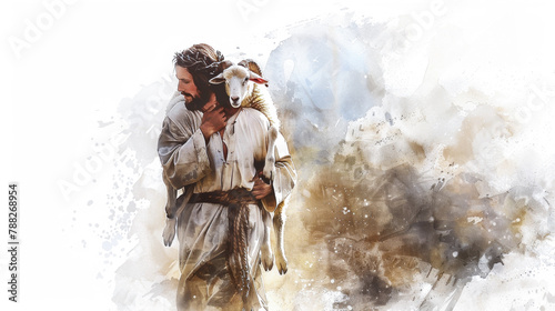 Jesus tenderly carries the lost sheep on his shoulders in a digital watercolor painting on a white background.