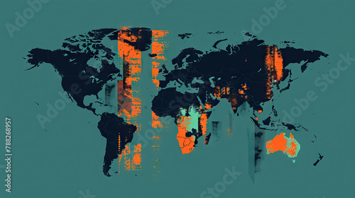 Fototapeta Naklejka Na Ścianę i Meble -  black, orange and blue colors world map background in grunge style.