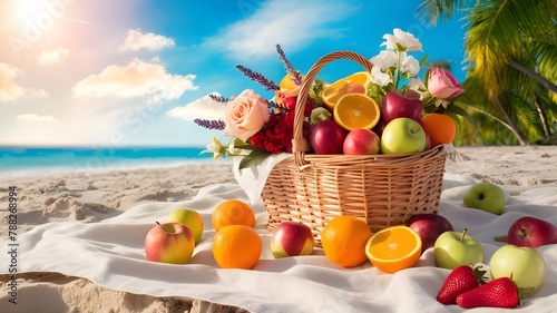 A picnic on a beach with a basket full of fruits and flowers
