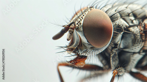 Close up of fly eating dried fish on white background