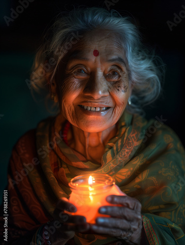 Old woman from Bangladesh, smiling at something in her memory while holding a candle which is reflecting in her face. Image bringing hope.