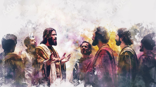 Jesus teaching the Beatitudes to his followers in a digital watercolor illustration on a white backdrop.