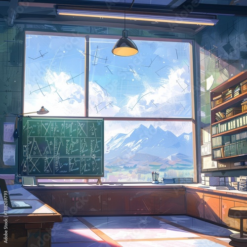Math Classroom with Scenic Mountain View Illustration