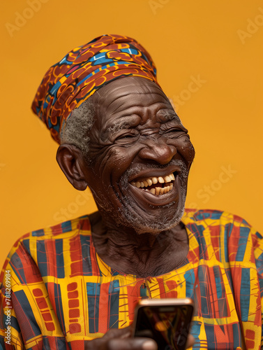 Old man from West Africa, laughing out loud at something he has seen on a phone. Image bringing joy.