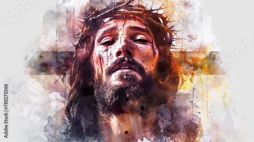 Jesus  face  glowing with compassion and forgiveness  painted digitally in watercolor on a white background with the light of the cross shining upon him.