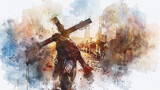 Jesus carrying the cross on the Via Dolorosa depicted in a digital watercolor on a white backdrop.