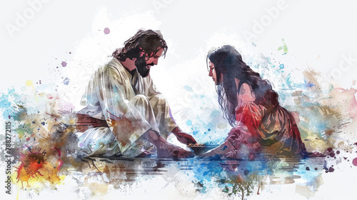Jesus painting digitally on a white background as He anoints Mary Magdalene's feet.