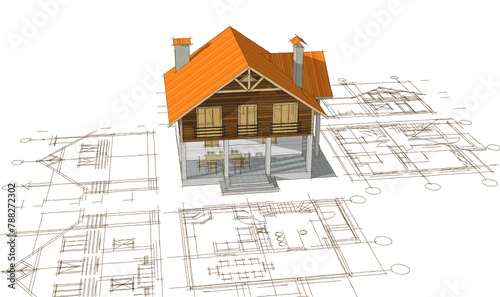  house architectural project sketch 3d illustration