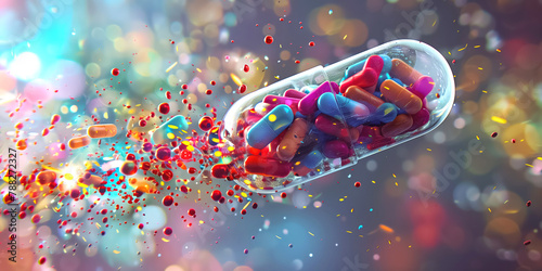 Vivid capsule bursting with colorful medicine pills and particles.