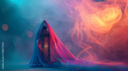 Ramadan lantern synth neon pattern with silk cloth wrapped, concept of revealing the month of Ramadan