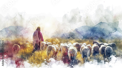 Jesus, depicted in a digital watercolor painting on a white background, identifies himself as the caring Good Shepherd who sacrifices for his flock. © Graphic Dude
