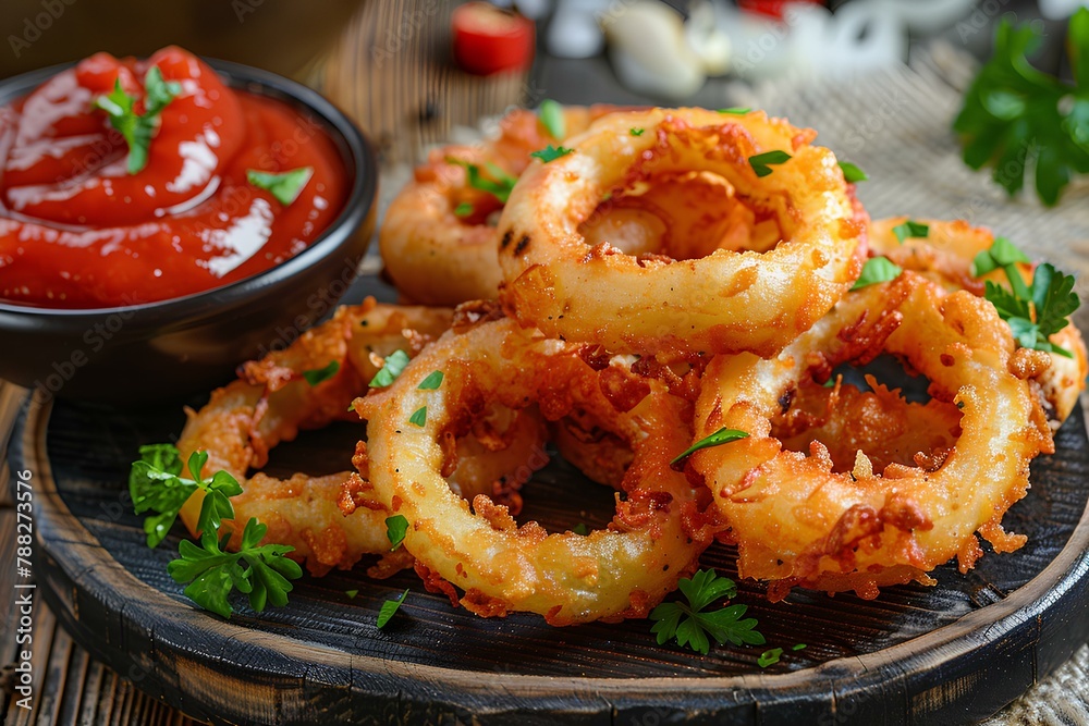 A plate of onion rings with ketchup and a bowl of sauce on the side on a table a stock photo A plate of onion rings with ketchup and a bowl of sauce on the side on a table a stock photo