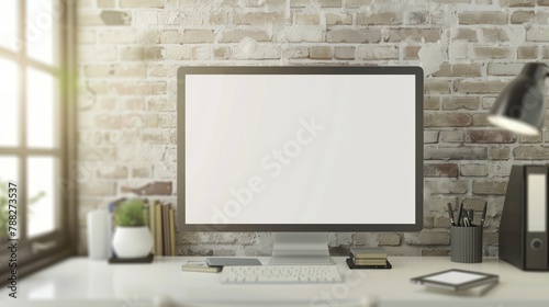 Brick wall backdrop in home office with empty whiteboard