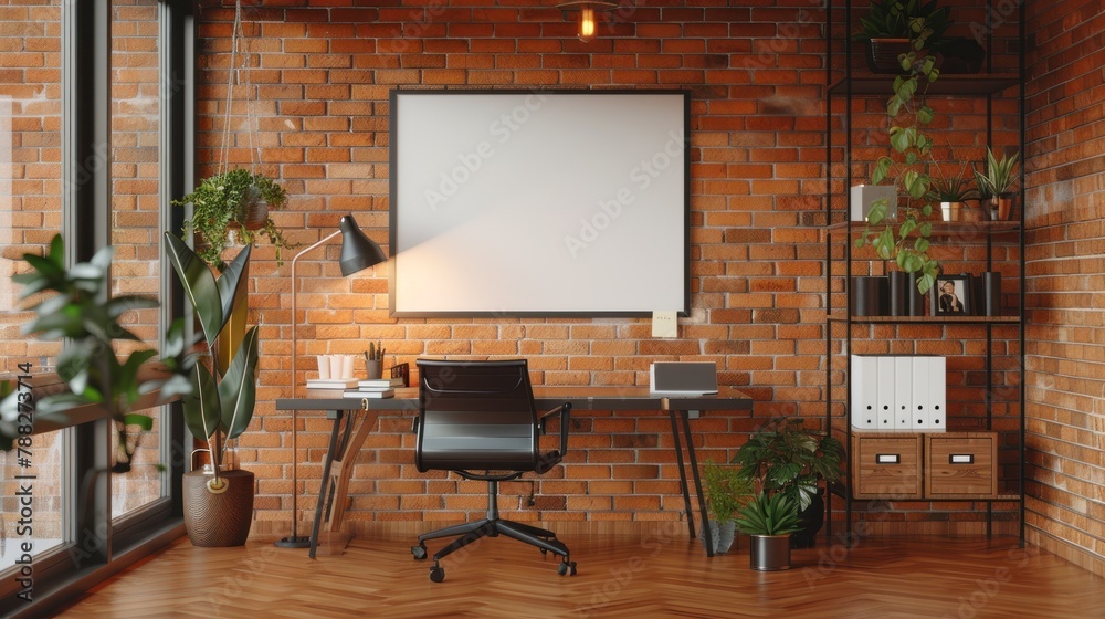 Fototapeta premium Modern home office with brick wall and blank whiteboard. Perfect for creative work or planning. 
