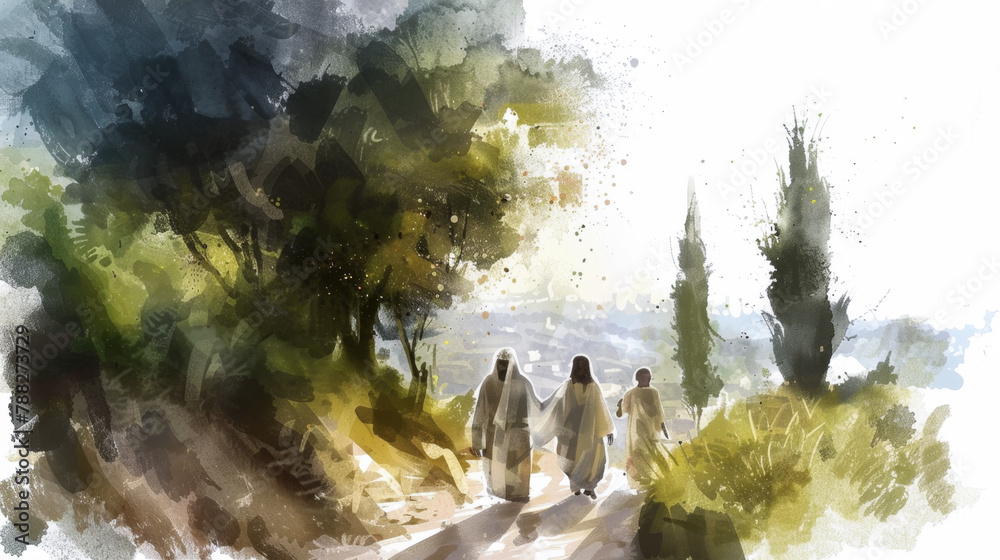 Fototapeta premium Reimagining Jesus and his disciples walking to Emmaus in a digital watercolor on a white canvas.